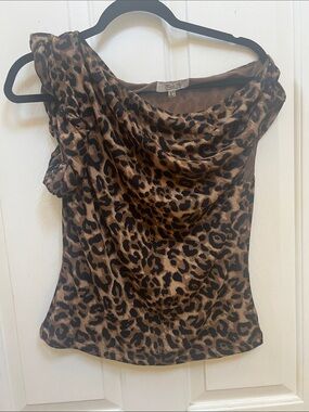 Miss Me Leopard Print One-Shoulder Cowl Neck Top in Brown and Black Size L NWOT